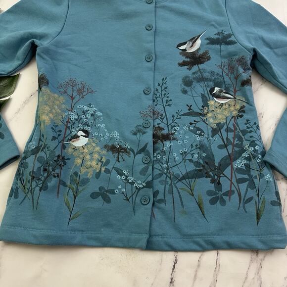 Artisan Vintage Y2k Sweatshirt Cardigan Size S Blue Birds Floral Buttons Grandma - Picture 5 of 12